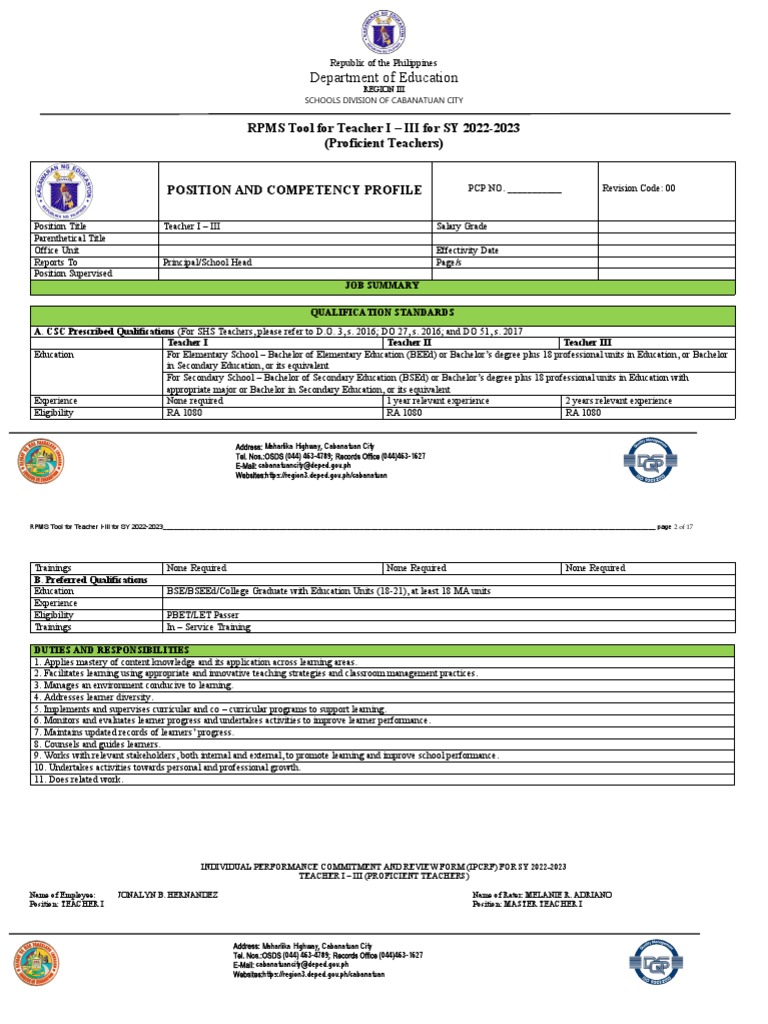 IPCRF Guidelines for Proficient Teachers 2022-2023 | PDF | Teachers ...