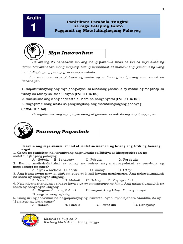 Filipino 9 Q3 Week 1 Pdf Pdf