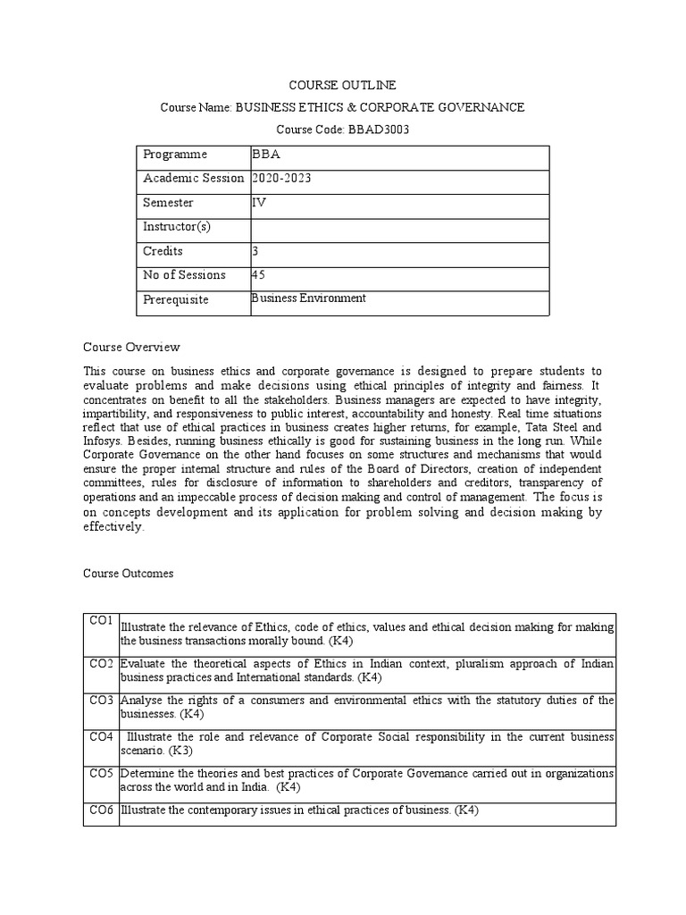 Business Ethics & Corporate Governance Course | PDF | Corporate Social ...