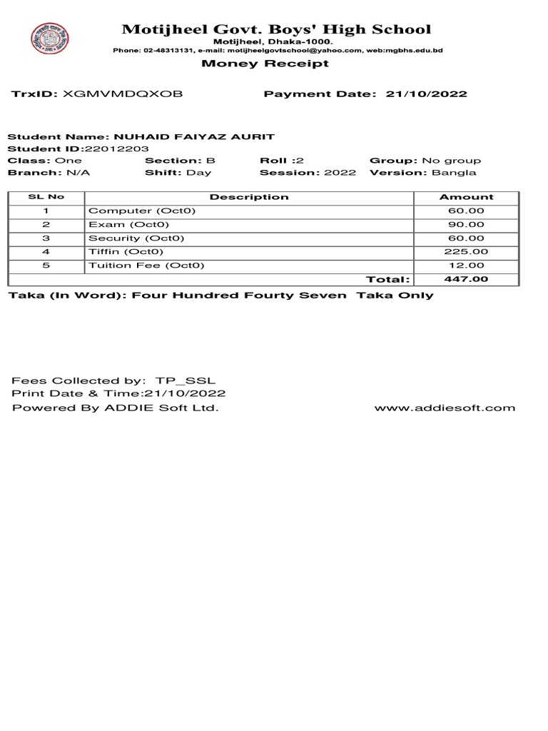 Student Fee Receipt October 2022 | PDF