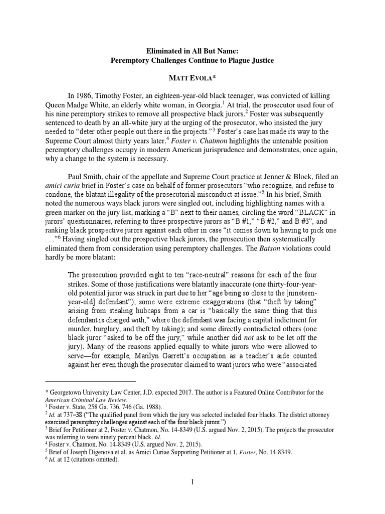 US SUP COURT FOSTER Recusación Discriminatoria PDF Batson V. Kentucky Peremptory Challenge