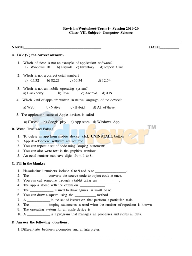 Class 7 Computer Revision Worksheet | PDF | Application Software | Software