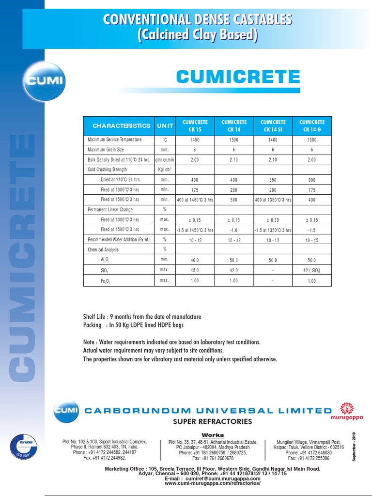 Cumicrete Dense Castables Specifications | PDF | Refractory | Building ...