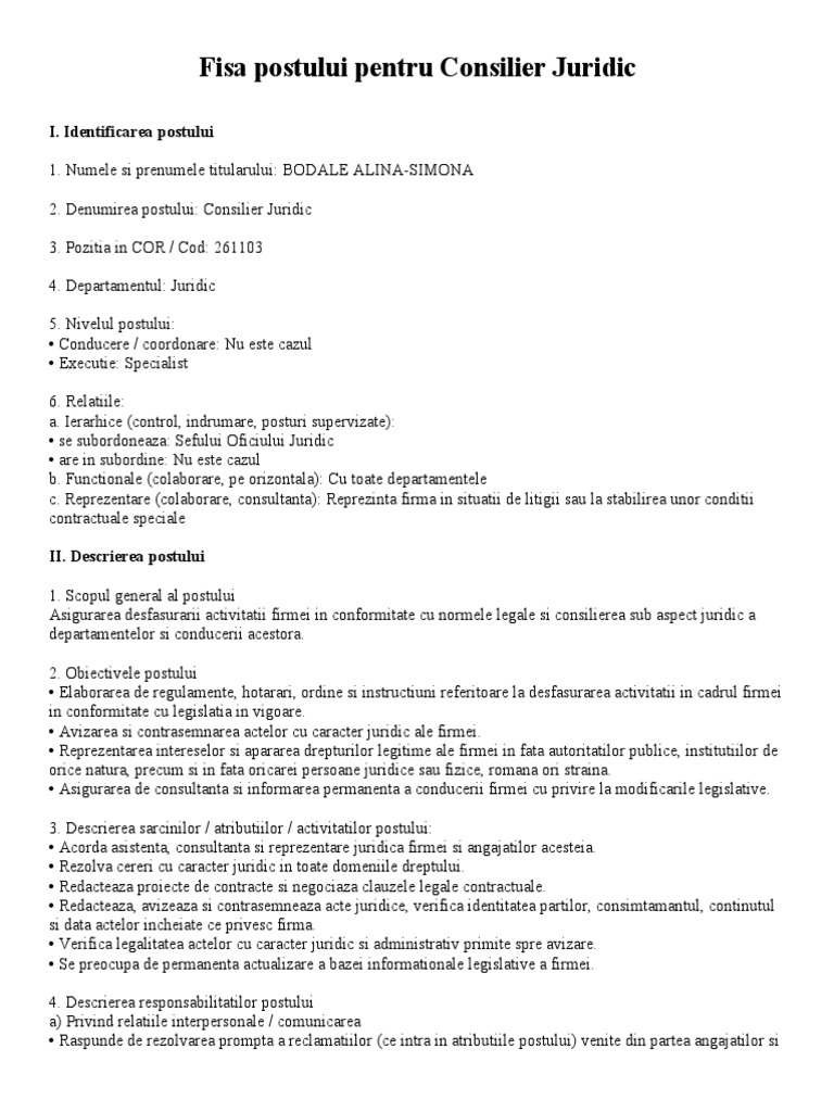 Fisa Postului - Consilier Juridic | PDF