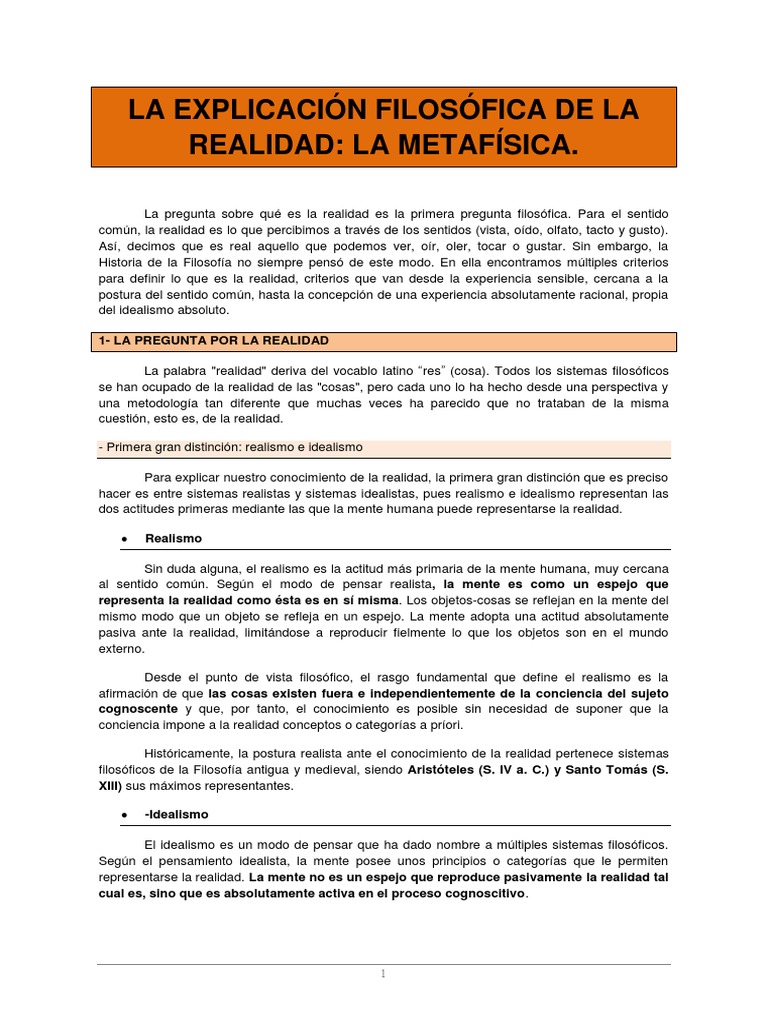Tema 2 La Explicación Filosófica De La Realidad La Metafísica Pdf