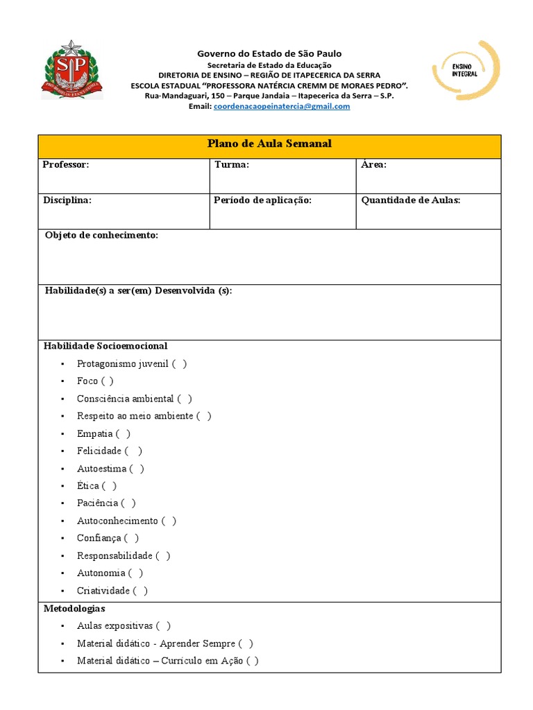 Modelo de Plano de Aula Semanal | PDF | Carreira e Crescimento | Autoajuda