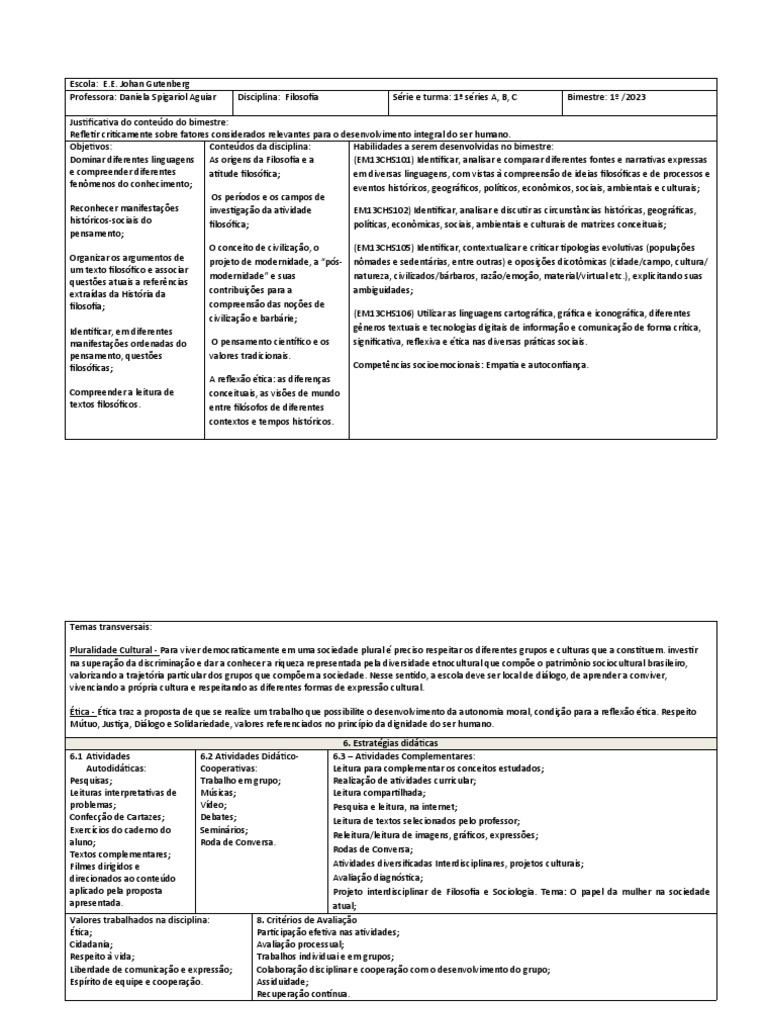 Plano de Aula de Filosofia 1º Ano | PDF | Pensamento ...