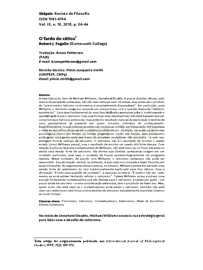 O Fardo Do Cetico - Robert Fogelin | PDF | Ceticismo | Epistemologia