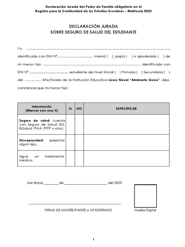 Declaracion Jurada Sobre Seguro de Salud Del Estudiante | PDF