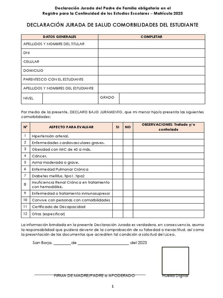 Declaracion Jurada de Salud Comorbilidades Del Estudiante | PDF