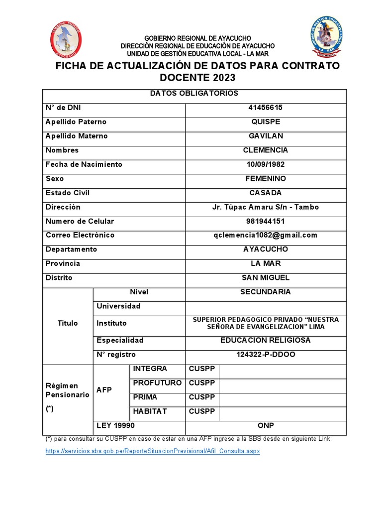 Ficha De Actualización De Datos Pdf
