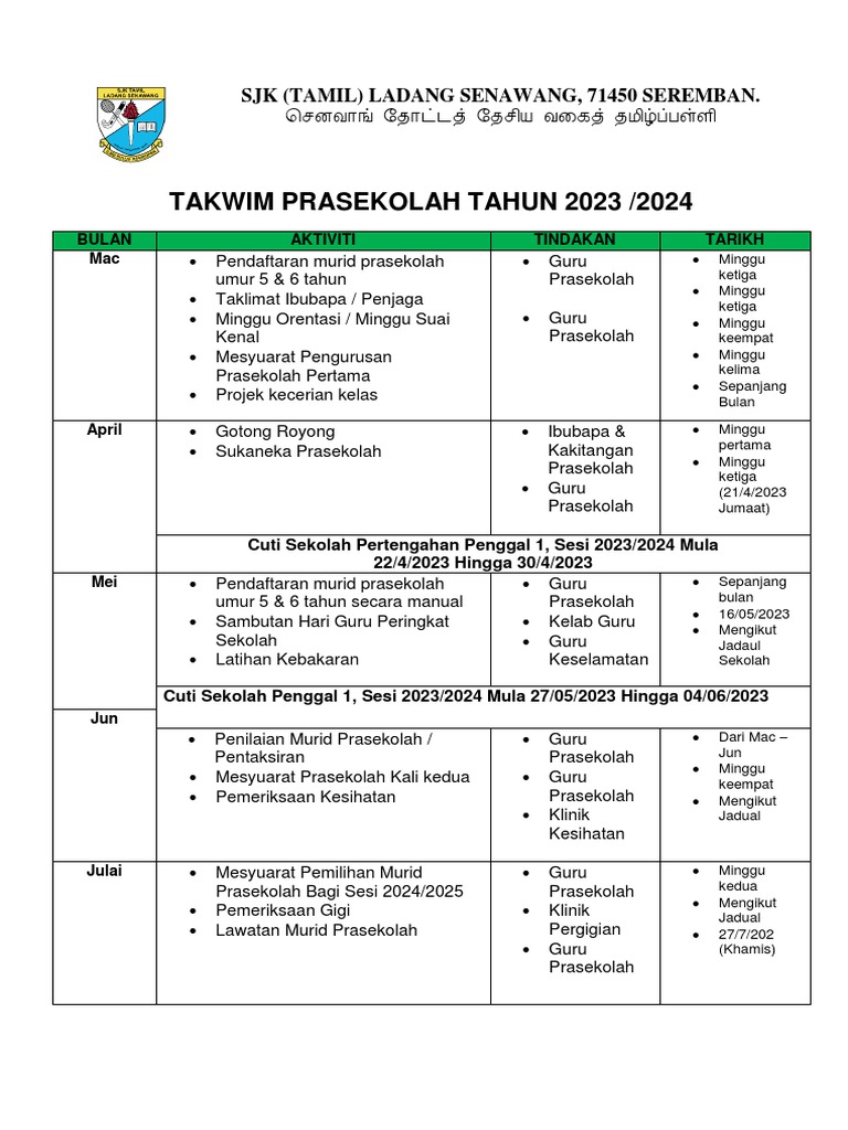 Takwim Prasekolah 2023&2024 PDF