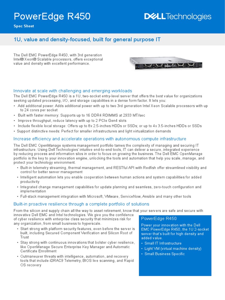 Dell EMC PowerEdge R450 Spec Sheet | PDF | Solid State Drive | Dell