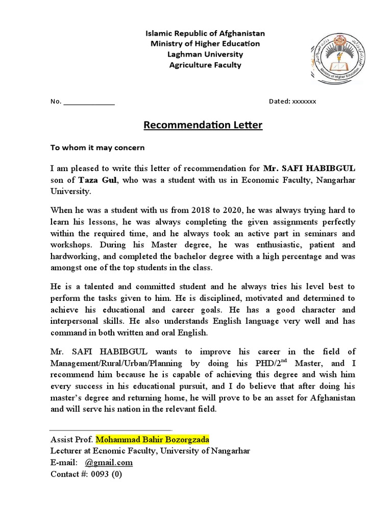 SAFI HABIBGUL Recommendation Letter From Nangarhar | PDF