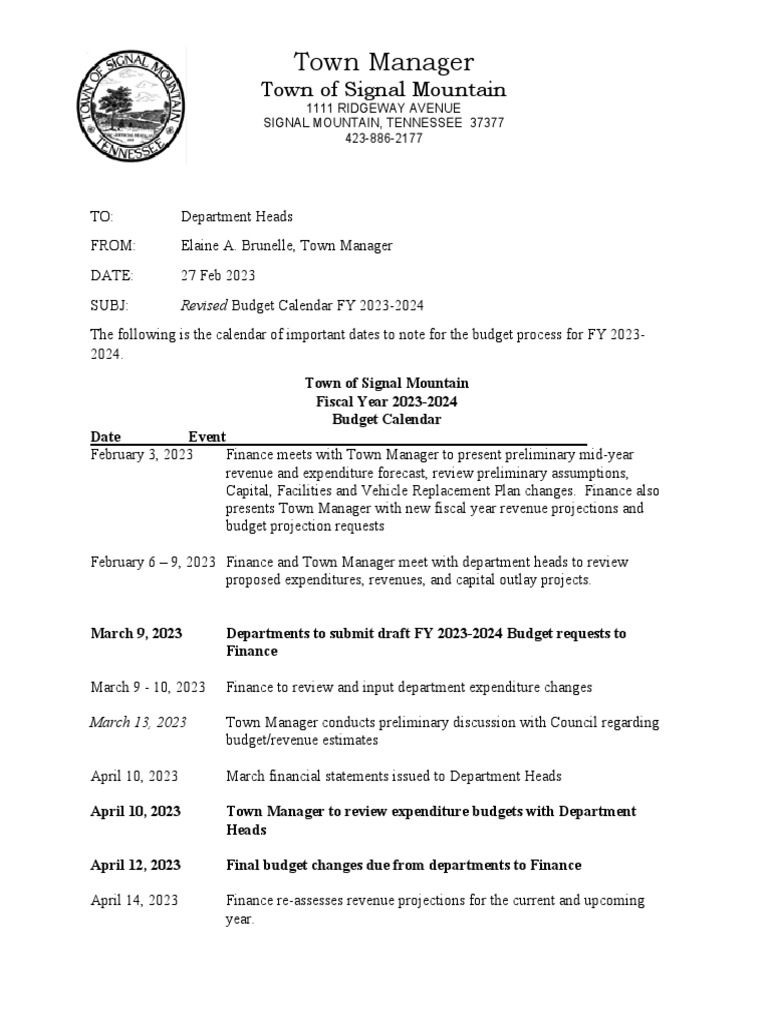 Revised Budget Calendar FY 20232024 PDF Fiscal Year Budget