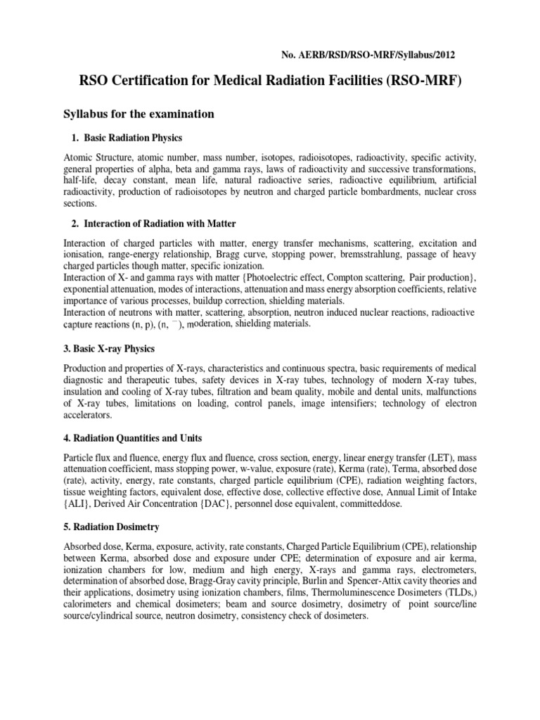 RSO (Medical) Exam Syllabus PDF Dosimetry Radiation Therapy