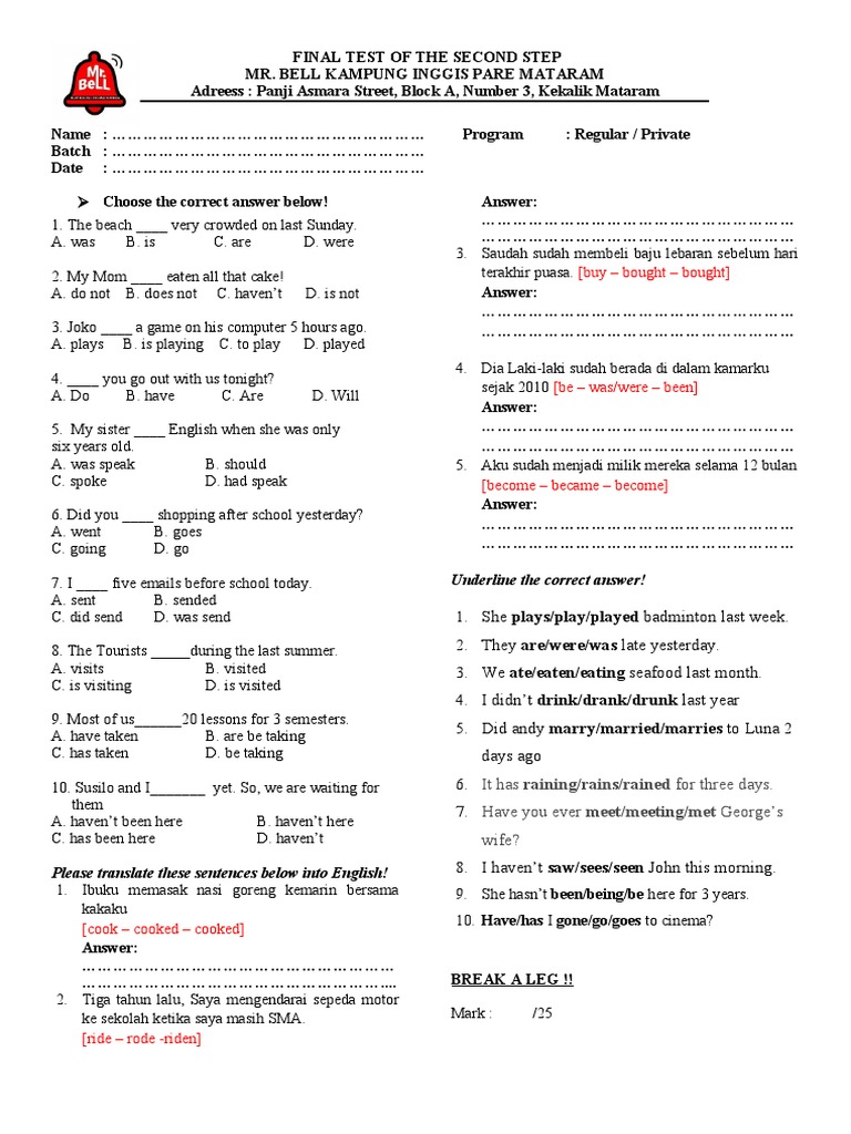 Final Test Of Step 2 A Pre Intermediate Pdf