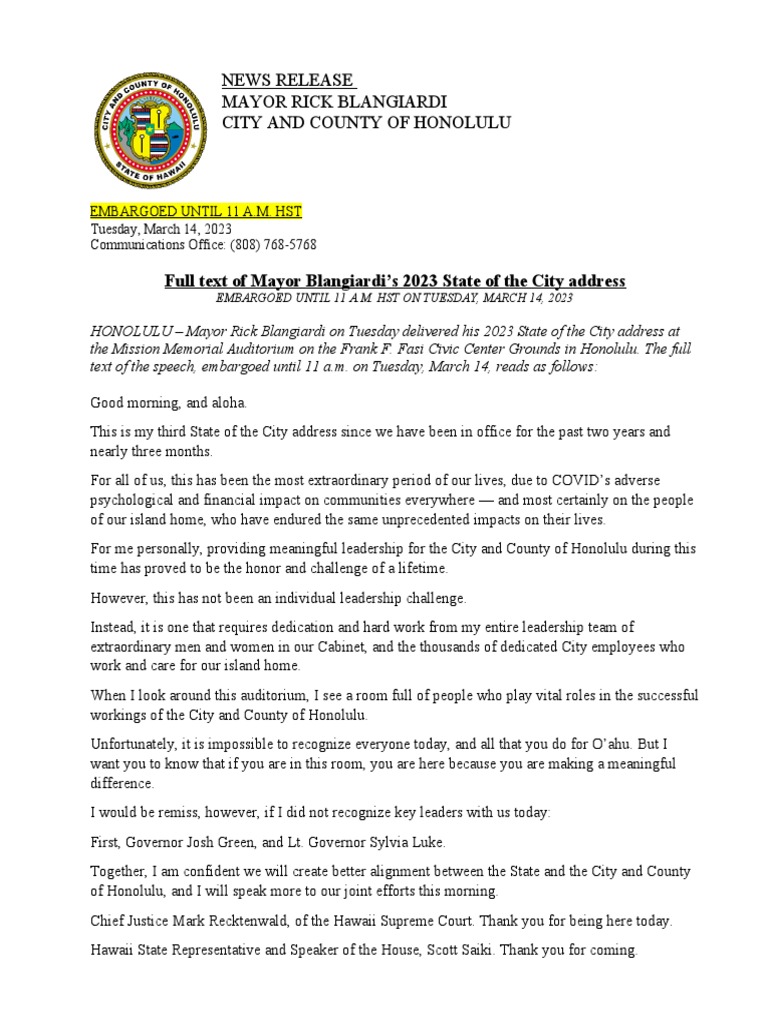 2023 Honolulu State of the City Address | PDF | Emergency Medical ...