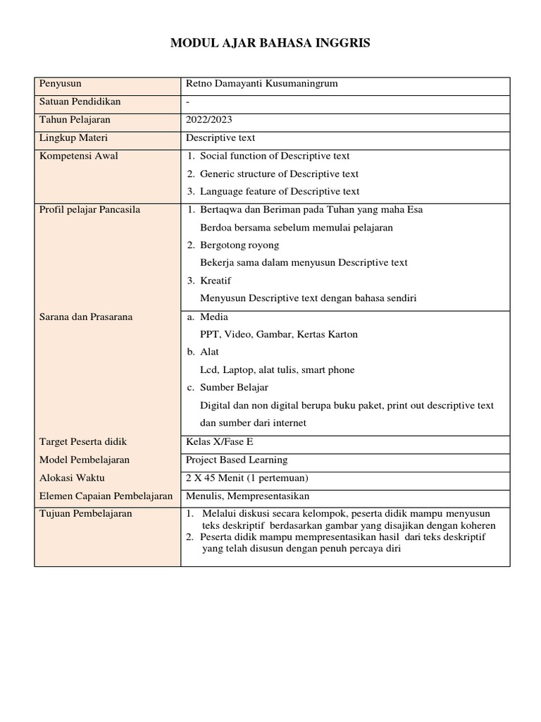 Modul Ajar Descriptive Text Kelas 10 | PDF | Karier & Perkembangan