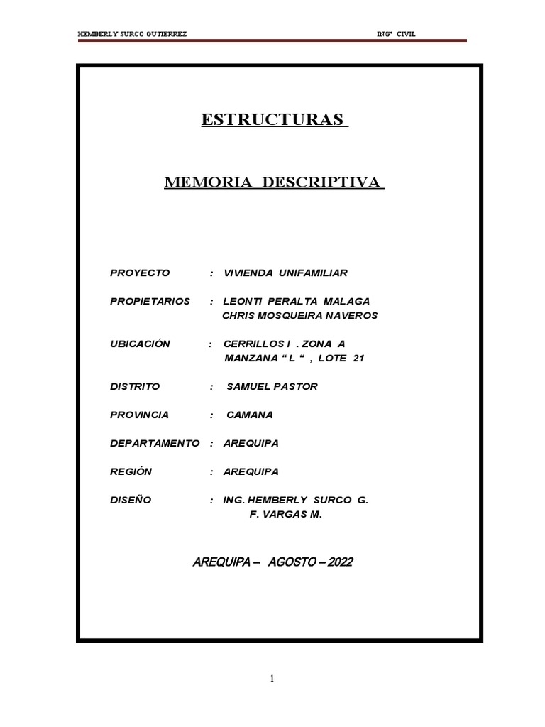 Memoria Descriptiva Proyecto Vivienda Unifamiliar | PDF | Hormigón ...