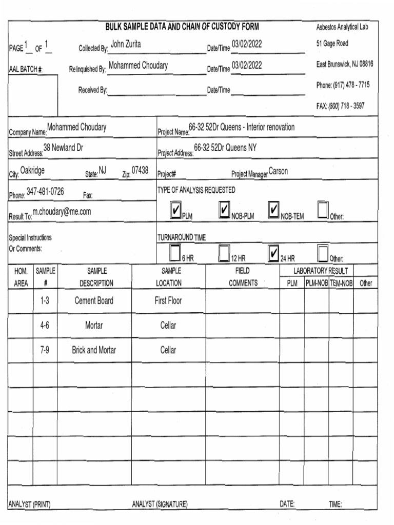 Bulk Samples Chain of Custody Form Fillable PDF