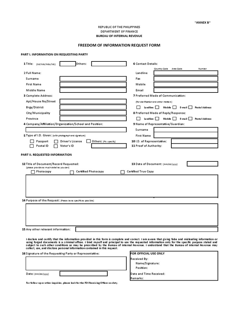 BIR Freedom of Information Request Form | PDF | Identity Document ...