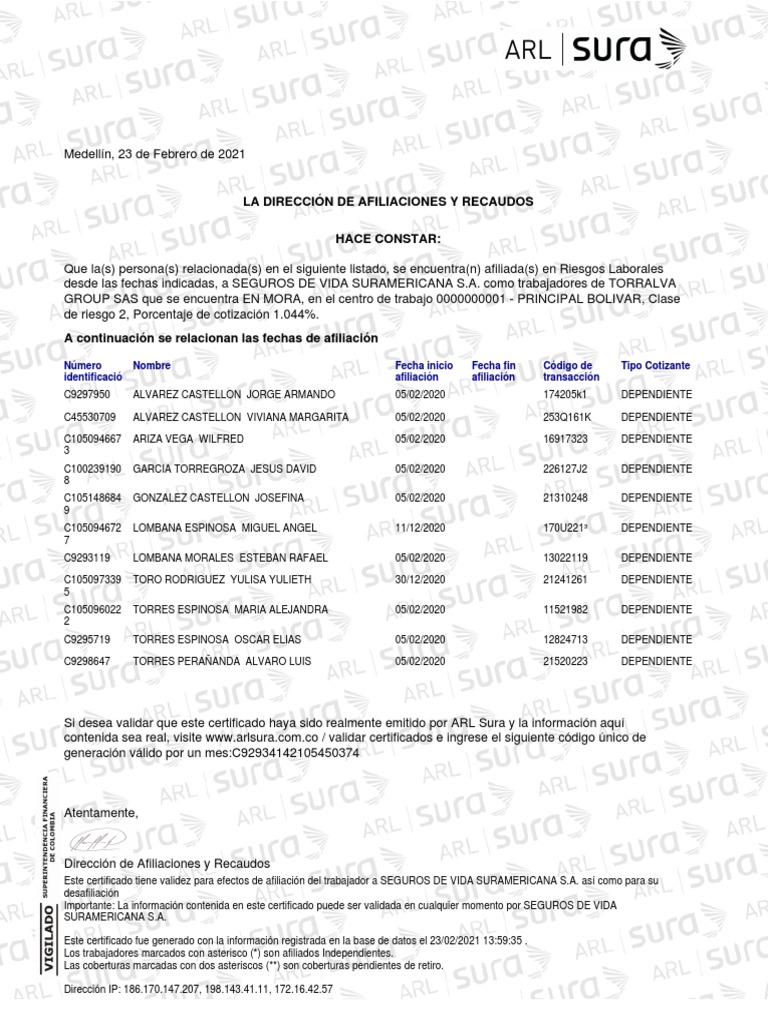 Constancia Afiliacion ARL Sura | PDF