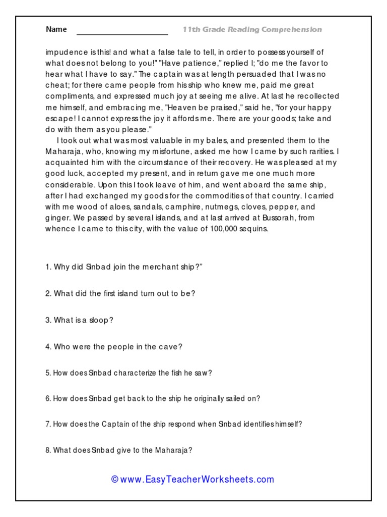 11th Grade Reading Comprehension PDF