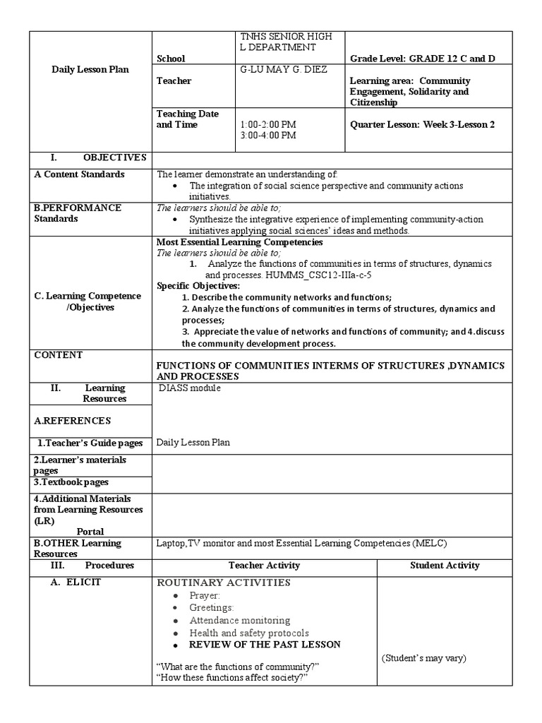 Community Functions and Dynamics Lesson | PDF | Learning | Lesson Plan