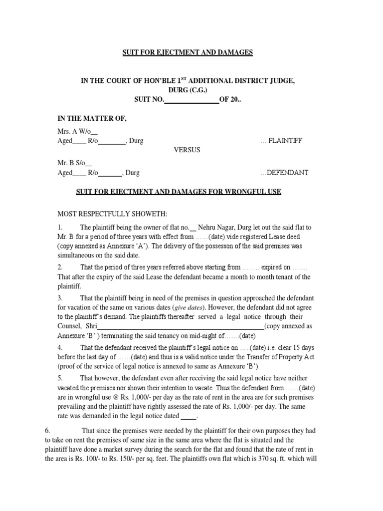 Plaint Suit For Ejectment PDF Lease Leasehold Estate