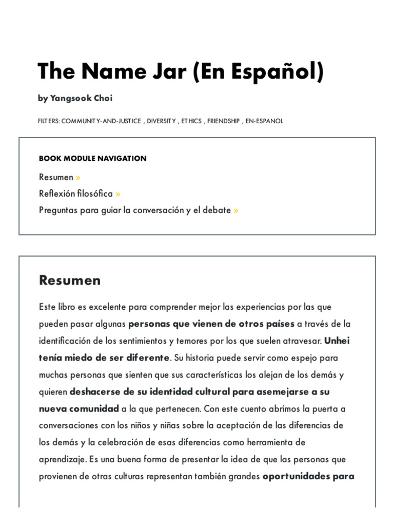 The Name Jar (En Español) Prindle Institute PDF Tolerancia