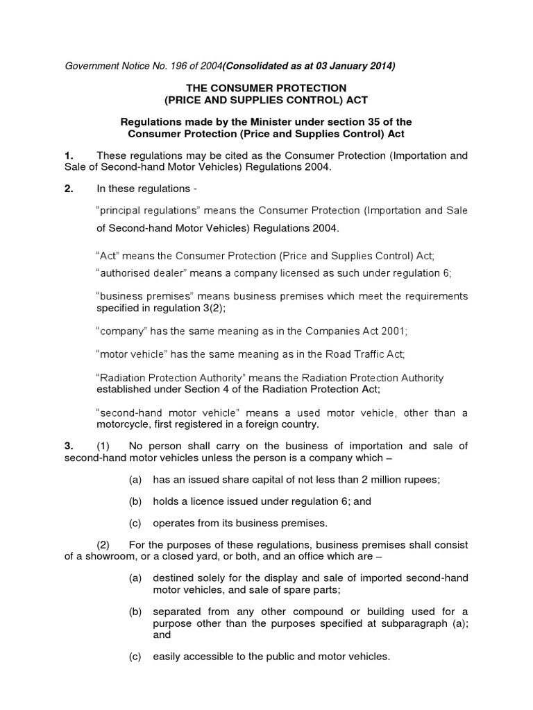 GN No. 196 of 2004Consumer Protection (Importation and Sale of Second