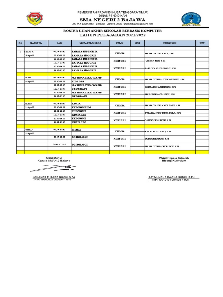 Roster Ujian Sekolah SMA 2 Bajawa 2021 | PDF
