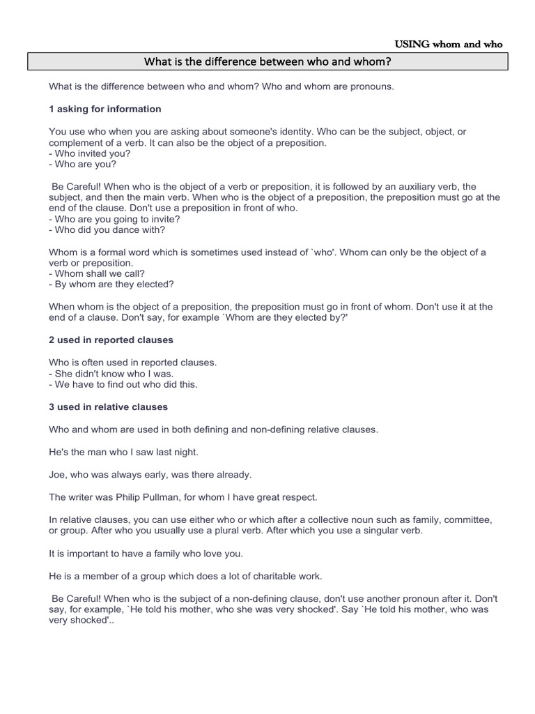 Understanding Who vs. Whom Usage | PDF | Language Arts & Discipline ...