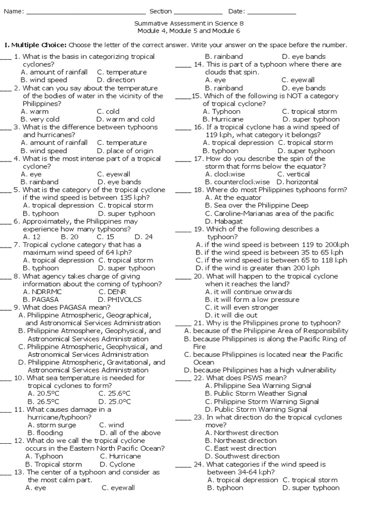 Science 8 Tropical Cyclone Assessment | PDF | Comet | Meteoroid