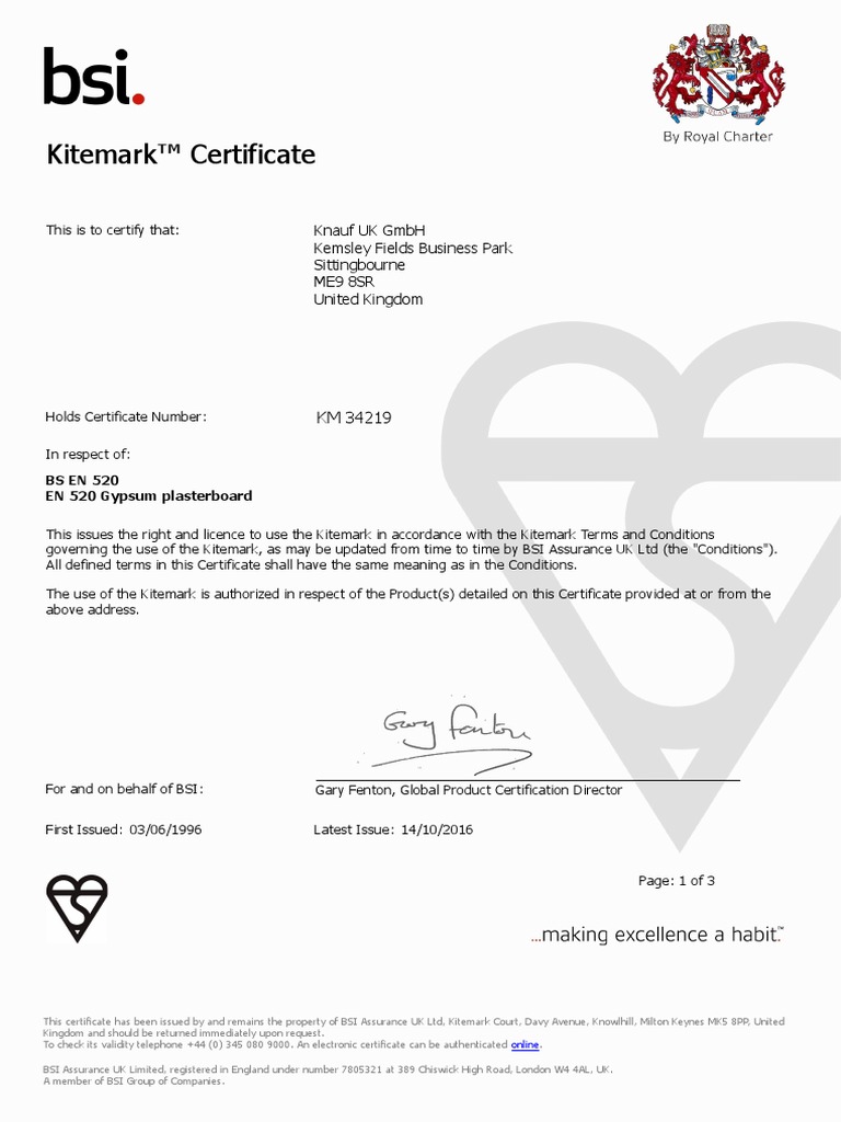 Knauf Plasterboard Kitemark Certificate | PDF | Drywall