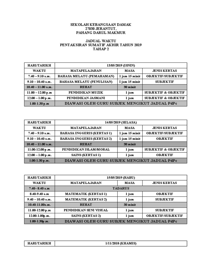 Jadual Exam P2 2019 Pdf