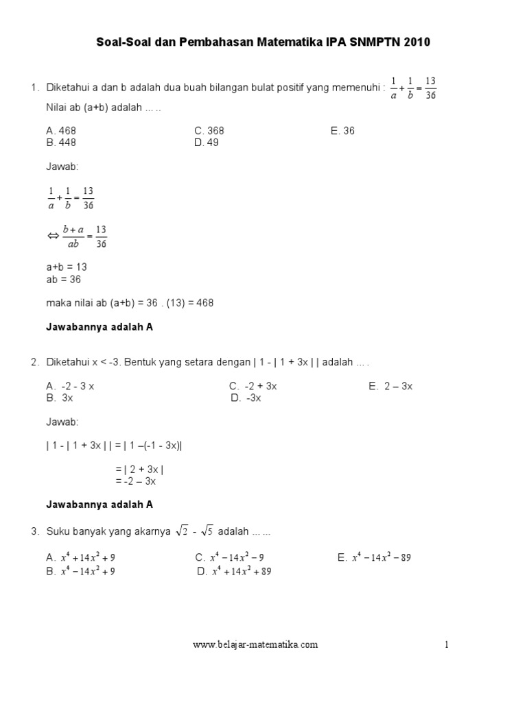 Soal Soal Dan Pembahasan Matematika Ipa Snmptn 2010