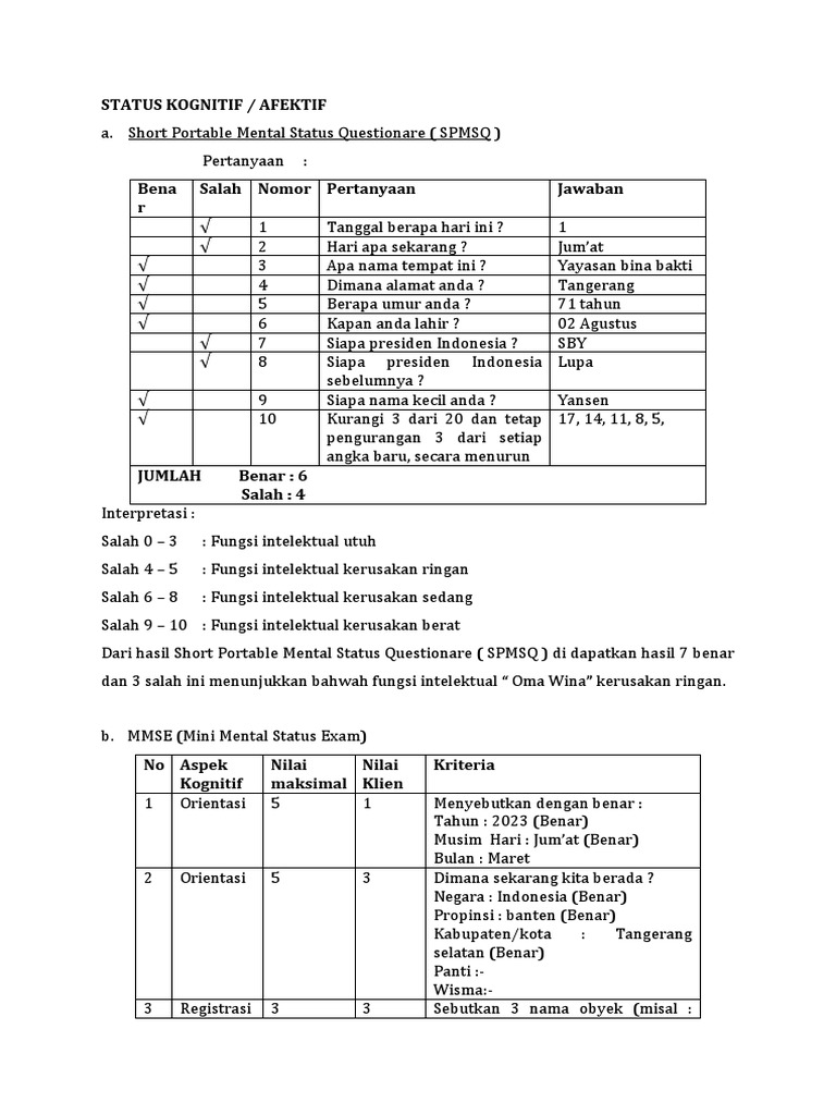Evaluasi Kognitif: SPMSQ dan MMSE | PDF