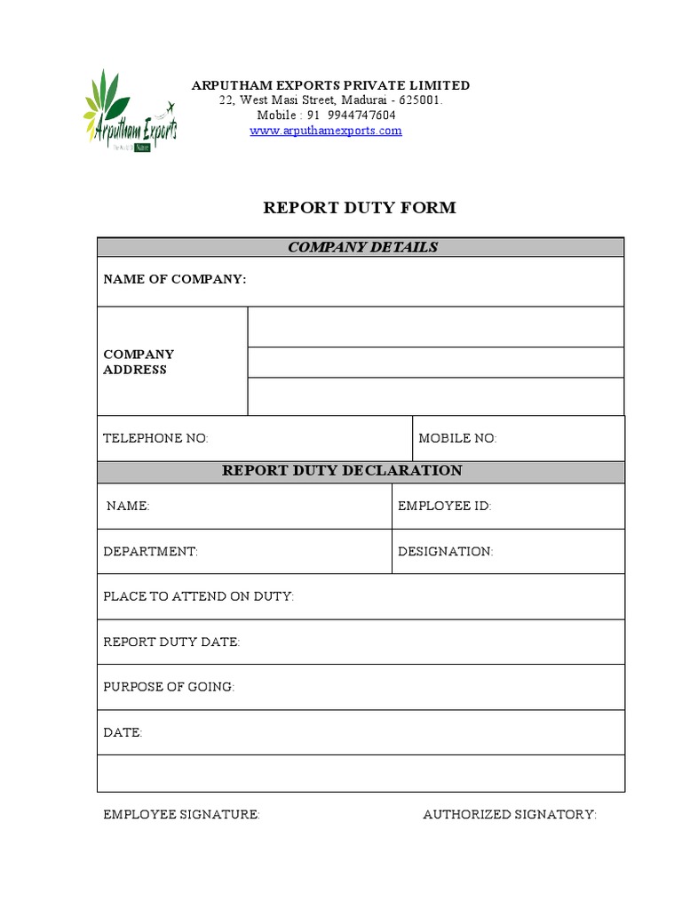 On Duty Form PDF