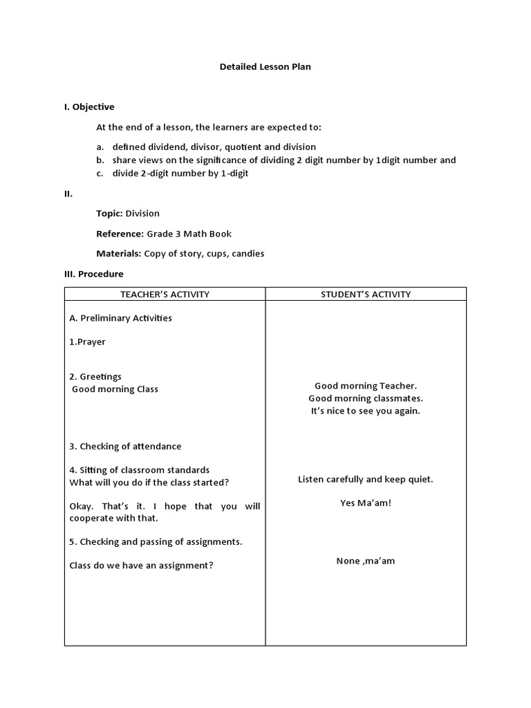 Detailed Lesson Plan on Division | PDF | Division (Mathematics) | Cognition