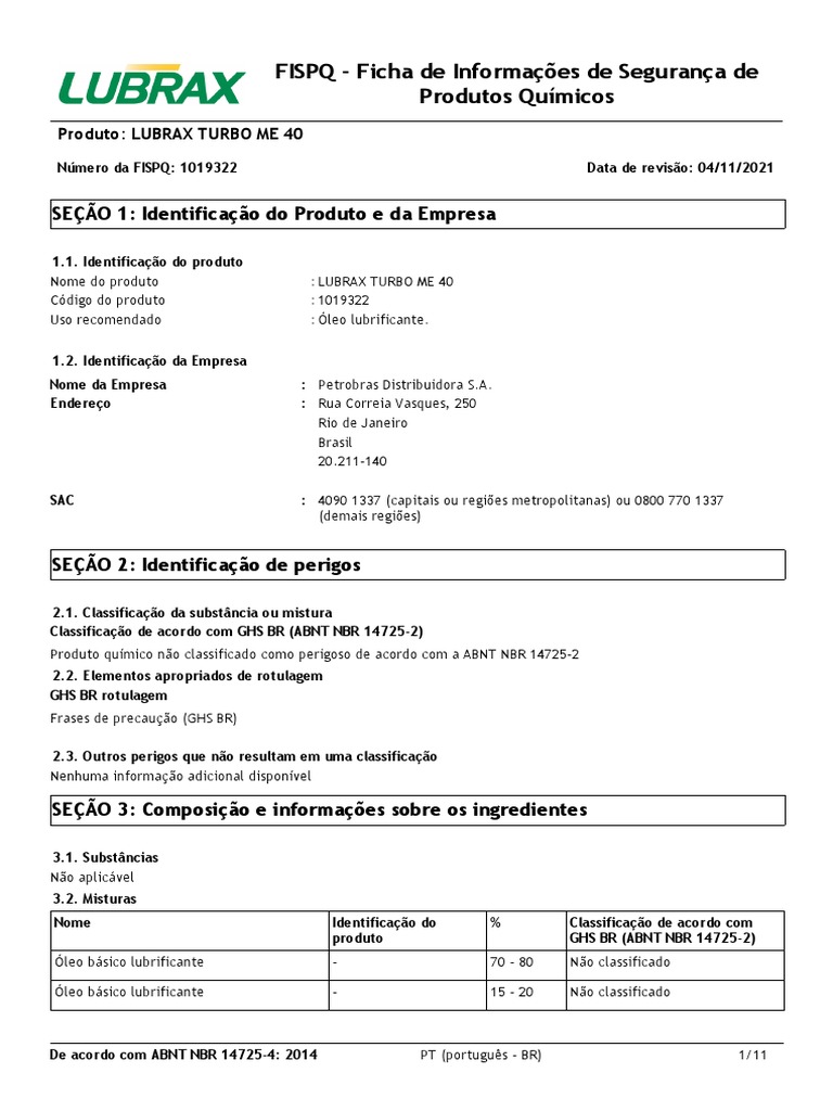 Fispq BR PT Lubrax Turbo Me 40 PDF Primeiros socorros Desperdício