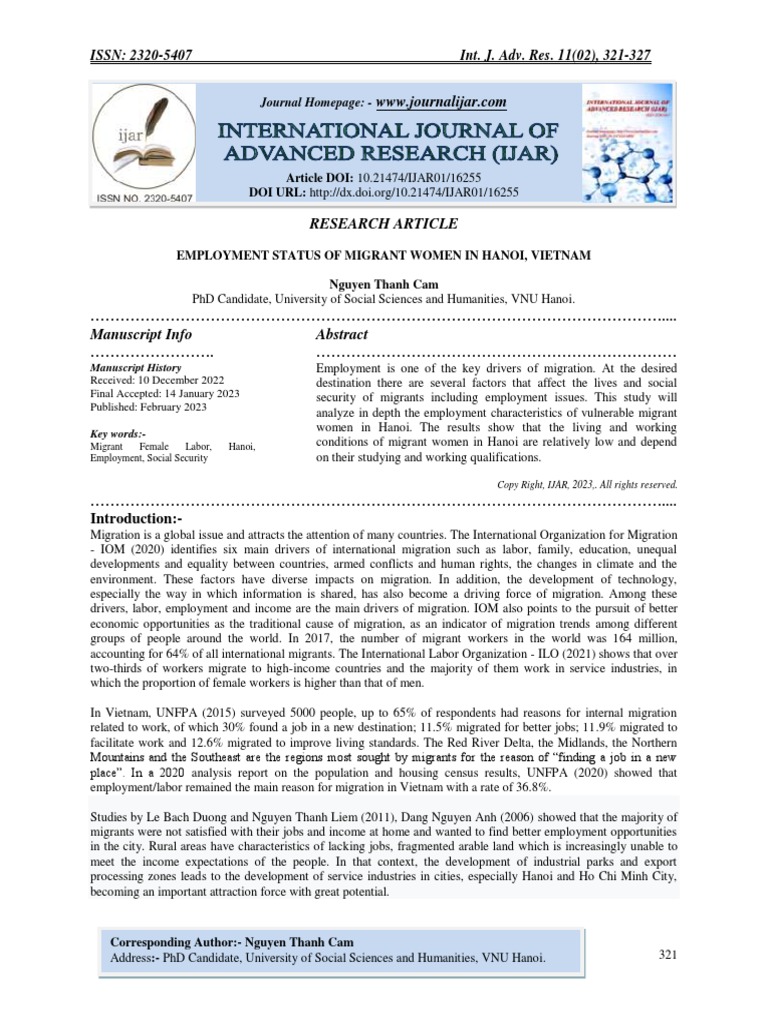 Employment of Migrant Women in Hanoi | PDF | Migrant Worker | Human ...