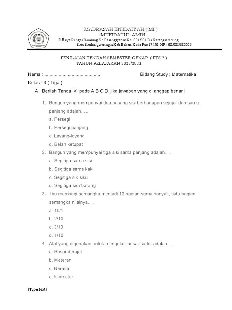 Soal Matematika Kelas 3 MI PTS 2023 | PDF | Metode & Bahan Ajar | Griya ...