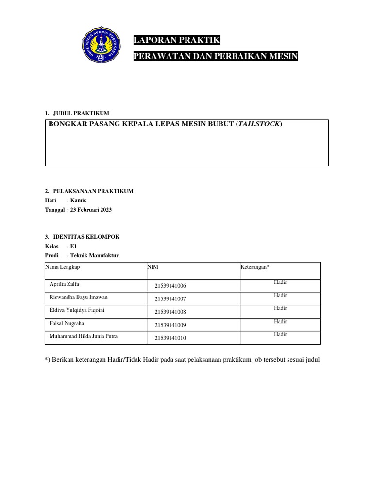 Laporan Bongkar Pasang Kepala Lepas | PDF