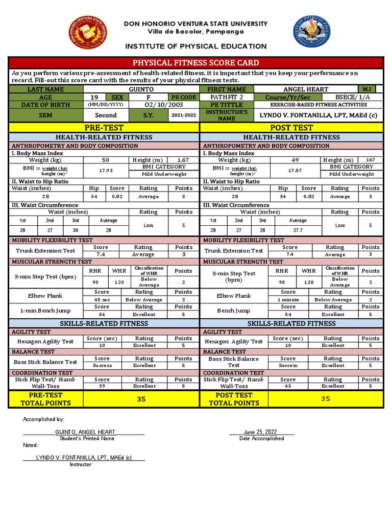 Fitness Score Card PATHFit2 | PDF | Body Mass Index | Waist