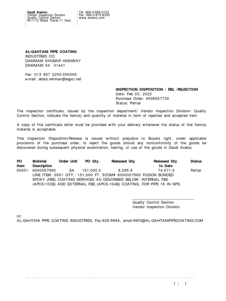 Inspection Report Po 450557730 | PDF | Business Process