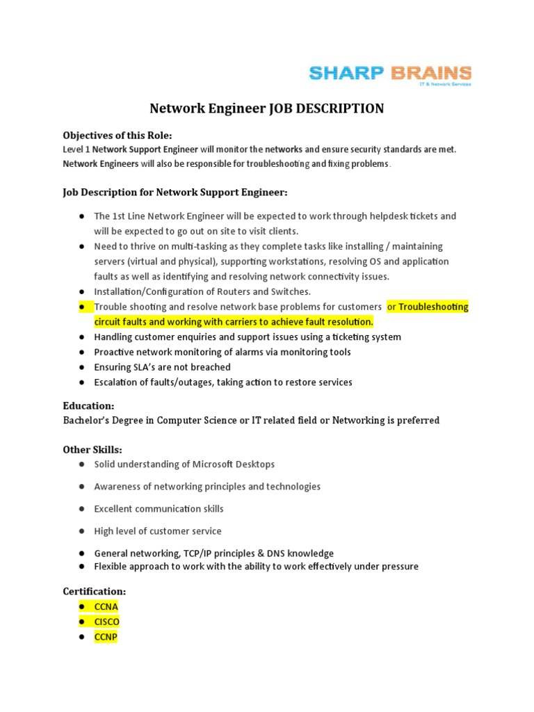 Level 1 Network Engineer JOB DESCRIPTION PDF