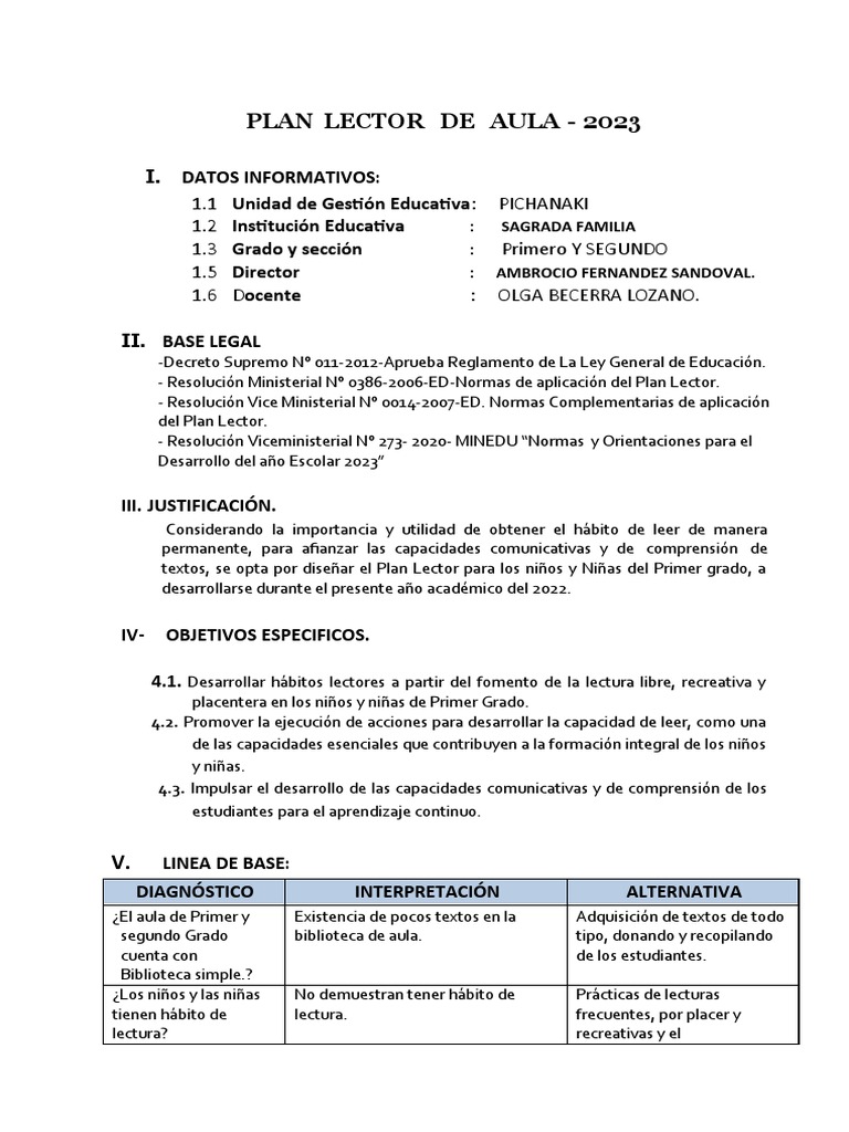 Plan Lector 2023 para Primer Grado | PDF | Maestros | Salón de clases