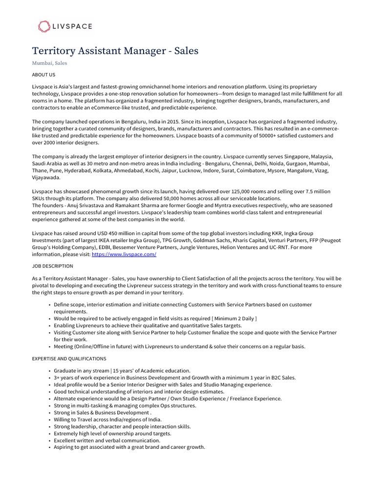 Territory Assistant Manager - Sales Role | PDF | Sales | Marketing